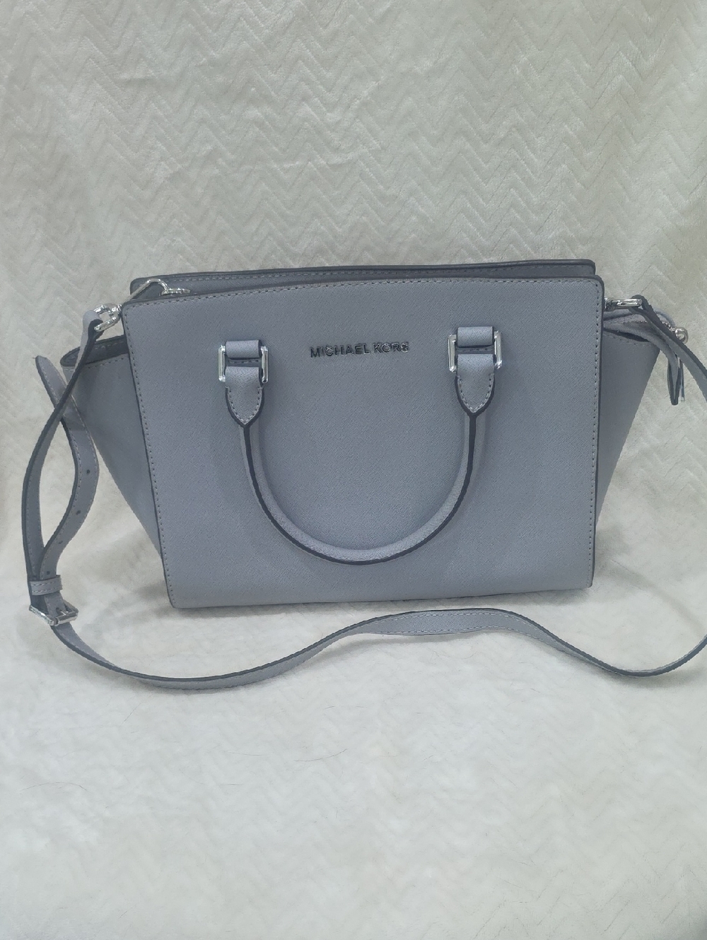 Michael Kors Light Gray Saffino Leather Satchel with Shoulder Strap